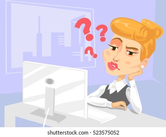 Lazy secretary woman character with lot of questions. Vector flat cartoon illustration