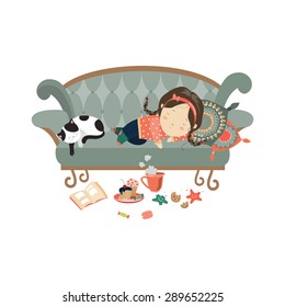 Lazy sleeping girl with cat. Vector isolated illustration