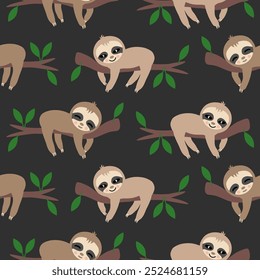 Lazy sleeping Sloths on tree branches Vector Pattern. Cute animals sitting in trees brown seamless pattern.
