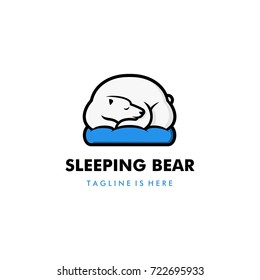 lazy sleeping white polar bear in blue pillow logo vector template illustration