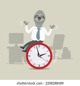 Lazy sloth businessman sitting on big clock at work place, illustrator vector cartoon drawing