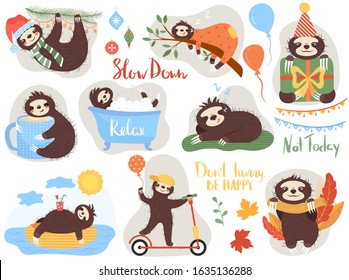 Lazy sloth, cute animal cartoon character, vector illustration. Set of isolated icons and stickers for children. Sloth sleeping, bathing, riding scooter and hanging on tree branch. Slow animal