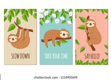 Lazy sloth. Cute slumbering sloths on branch. Child t shirt design or greeting cards vector set. Illustration of slumber animal, laziness and sleep on branch