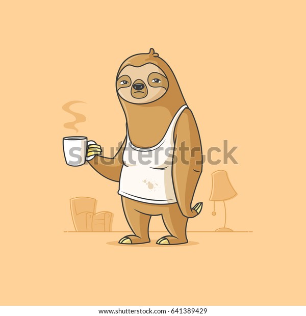 月曜の朝にコーヒーを飲む怠け者のナマケモノのベクター漫画のイラスト のベクター画像素材 ロイヤリティフリー
