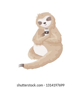Lazy sloth holds cup of coffee, sitting on the ground. Cheerful morning concept
