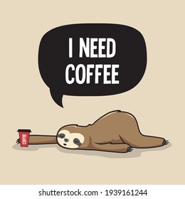 
Lazy Sloth Need Coffee Cartoon