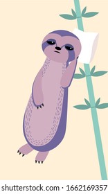 Lazy sloth on bamboo. Tired sloth with pillow on pastel yellow background