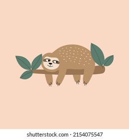 Lazy sloth on a branch hand drawn vector illustration. Isolated exotic animal for logo or icon. Funny baby character in flat style.