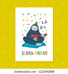 Lazy sloth party greeting card or invitation. Animal party. Cute sloth playing ukulele. Vector illustration