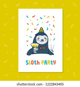 Lazy sloth party greeting card invitation  Animal party  Cute sloth and champagne like the meme the great gatsby  Vector illustration