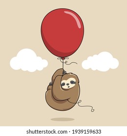 Lazy Sloth Sleeping with Ballon Cartoon Illustrations