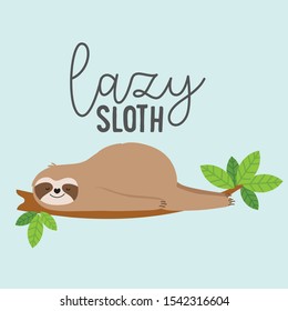 Lazy sloth sleeping on a branch cartoon, vector illustration - Vetorial