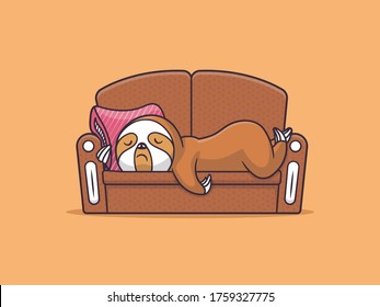 Lazy sloth sleeping on a sofa couch vector cartoon illustration