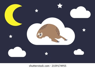 Lazy sloth sleeping on a white cloud. Night sky with crescent moon, stars and cute sloth. Vector illustration.