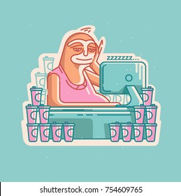 Lazy sloth at work with a lot of messy coffee cups. Vector illustration