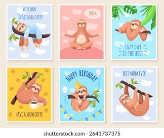 Lazy sloths cards. Cartoon cute sleepy sloth greeting card design, slow fun animal sleep on forest tree birthday pajama party with coffee tropical zoo set neat vector illustration original artwork