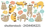 Lazy sloths funny animals cartoon character hanging, lying, hugging and climbing branch isolated set. Cute relaxed sleepy baby wild rainforest creature mascot in different poses vector illustration