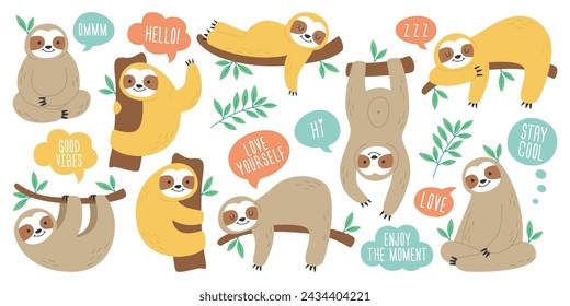 Lazy sloths funny animals cartoon character hanging, lying, hugging and climbing branch isolated set. Cute relaxed sleepy baby wild rainforest creature mascot in different poses vector illustration