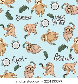 Lazy sloths wild animal lies on branch, climbs trees or eats green leaves. Design elements for stickers, social networks. Cartoon flat vector pattern