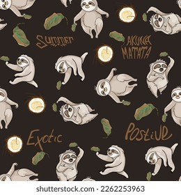 Lazy sloths wild animal lies on branch, climbs trees or eats green leaves. Design elements for stickers, social networks. Cartoon flat vector pattern