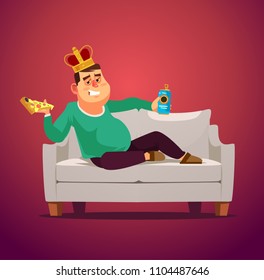 Lazy sofa king man unemployed character laying eating pizza and drinking beer. Flat cartoon illustration graphic design concept element