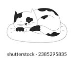 Lazy spotted cat sleeping on pillow black and white 2D line cartoon character. Cute kitten isolated vector outline animal. Comfortable pet. Kitty laying down monochromatic flat spot illustration
