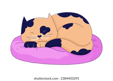 Lazy spotted cat sleeping on pillow 2D linear cartoon character. Cute kitten isolated line vector animal white background. Comfortable pet. Adorable kitty laying down color flat spot illustration