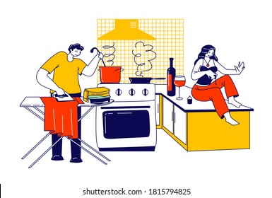 Lazy Spouse Concept. Husband Ironing Clothing and Cooking at the same time. Busy Man Character Household Duties, Woman Wife Sit on Table Make Manicure Drink Wine. Linear People Vector Illustration