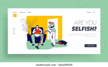 Lazy Spouse Landing Page Template. Busy Wife with Vacuum Cleaner and Baby on Hands doing Household Chores. Fat Husband Character Sit on Armchair with Beer Watch Tv. Linear People Vector Illustration