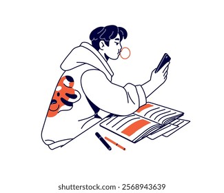 Lazy student scrolls social networks in smartphone instead learning. Boy communicates online by phone while studying. Procrastination in education. Flat isolated outline vector illustration on white