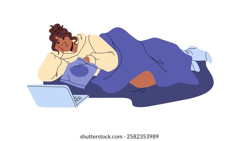 Lazy teen girl has a rest, watch movie and eats chips under blanket at home. Young woman lounges, relaxes on bed with film on laptop at leisure. Flat isolated vector illustration on white background