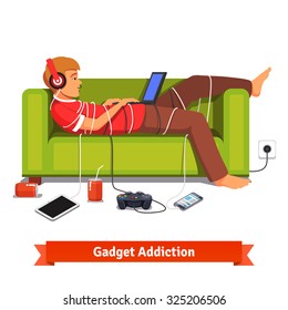 Lazy Teen Student Lying Down With Laptop On Couch Tied Down With Technologic Gadget Wires. Flat Style Vector Illustration Isolated On White Background.