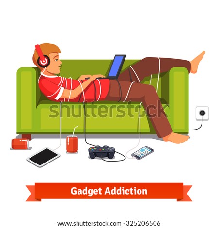 Lazy teen student lying down with laptop on couch tied down with technologic gadget wires. Flat style vector illustration isolated on white background.