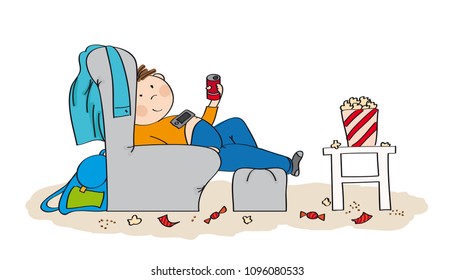 Lazy teenage boy sitting in the armchair, watching TV, drinking cola and eating popcorn. Mess is all around him. Original hand drawn illustration.