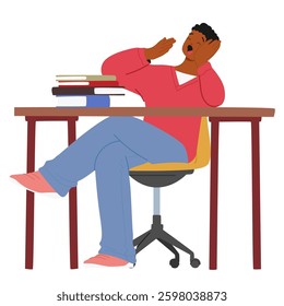 Lazy teenage student guy cartoon character yawning feeling sleepy and boring while studying at desk with stacked textbooks. Unmotivated boy expressing tiredness and burnout vector illustration