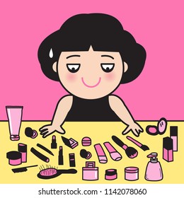 Lazy Tired Exhausted Girl Looking At Her All Beauty Products On Table. Woman Feeling She Doesn't Have Time Or Energy To Makeup Concept Card Character illustration