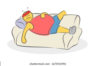 Lazy Tired Fat Athlete Is Lying On The Couch. Concept Of Bad Willpower. Fitness Gym Illustration. 