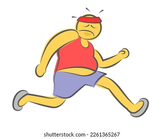 Lazy tired fat athlete is running on marathon. Concept of bad willpower. Fitness gym illustration. 