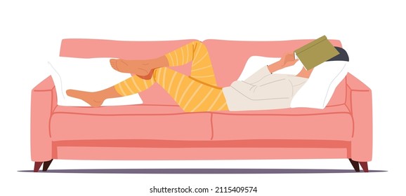 Lazy or Tired Female Character Sleeping Lay Down on Couch Cover Face with Book. Afternoon Slump, Laziness and Procrastination Postpone, Work to Do Later, Boredom. Cartoon People Vector Illustration