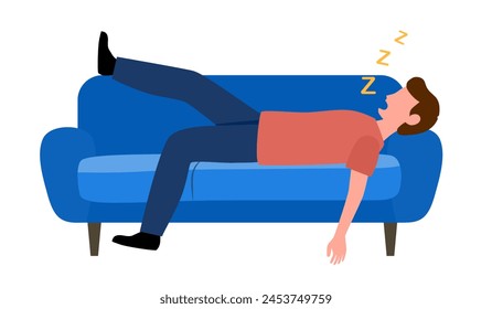 Lazy or tired man sleeping and snoring on couch in flat design on white background. Home lazy calm leisure time, relaxation and rest.