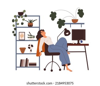 Lazy tired woman at computer desk at home. Apathy, burnout and procrastination concept. Depressed sluggish exhausted unmotivated unhappy person. Flat vector illustration isolated on white background