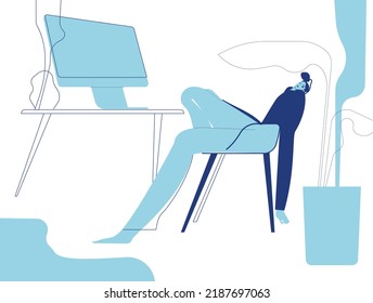 Lazy tired woman at computer desk at office. Apathy, burnout and procrastination concept. Flat vector illustration isolated on white background