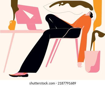 Lazy Tired Woman At Computer Desk At Office. Apathy, Burnout And Procrastination Concept. Flat Vector Illustration Isolated On White Background