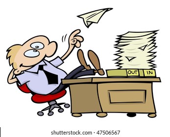 lazy toon guy throwing a paper plane and resting his feet on his desk at work, on a white background