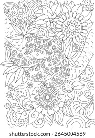 Tartaruga preguiçosa ou tartaruga colorir página com padrões detalhados de estilo Zentangle, flores intrincadas e redemoinhos, linha desenhada à mão ilustração de arte para relaxamento, alívio de estresse e terapia de arte de atenção