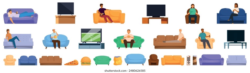 Lazy tv icons set. People are enjoying their free time sitting on a comfortable sofa, watching their favorite tv shows, and eating delicious snacks