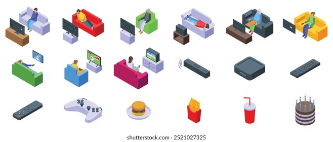 Lazy tv icons set. People watching television at home sitting on sofa isometric view icons set for web design isolated on white background