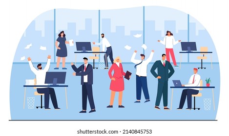 Lazy and unorganized office people causing mess and problems. Funny chaotic characters at computer desks flat vector illustration. Conflict, chaos, workplace, organization concept for banner