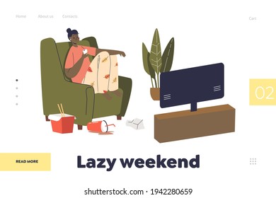 Lazy weekend concept of landing page with girl on sofa with smartphone watching tv and eating food from delivery at home. Recreational lifestyle. Cartoon flat vector illustration