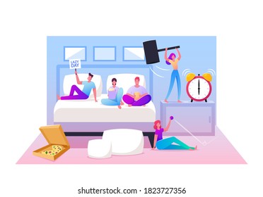 Lazy Weekend Concept. Male and Female Characters Lying on Bed, Relaxing at Home Watching Tv, Eating Fast Food Pizza and Pop Corn, Hitting Alarm Clock with Hammer. Cartoon People Vector Illustration